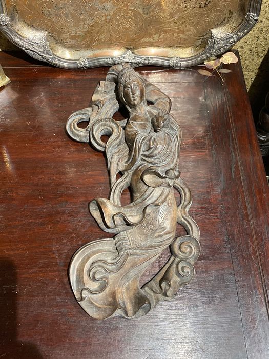 Escultura Madeira Huanghuali Deusa Chinesa Chang Séc XIX 36 cm