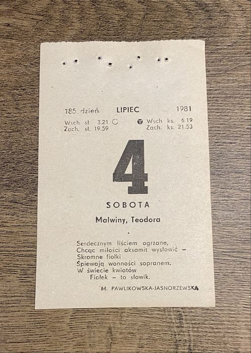 Kartka z kalemdarza 4 lipca 1981  Rezerwacja