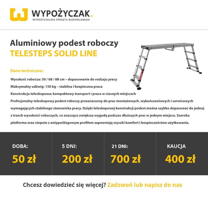 Rusztowanie aluminiowe jezdne przejezdne do 12,3m Krause / podest roboczy - WYNAJEM