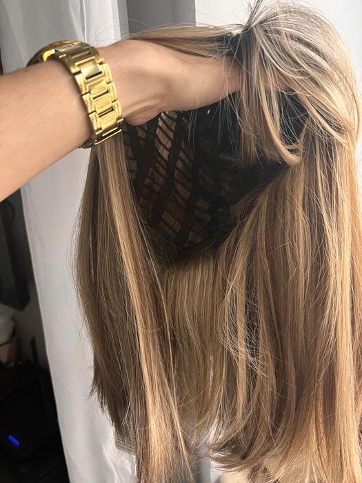 Peruka blond gęste włosy pasemka balejaż grzywka ombre brąz nowa