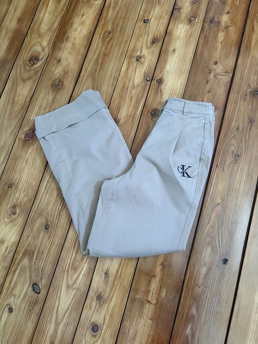 Spodnie damskie Calvin Klein szerokie,wysoki stan XS beżowe