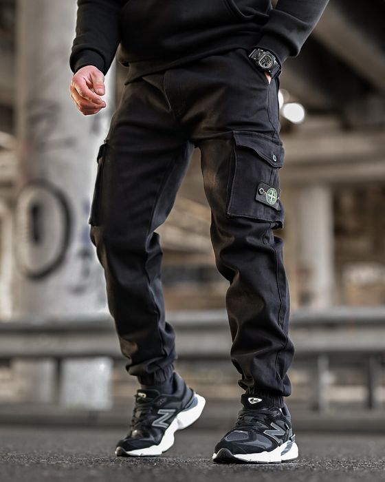 Чорні міські теплі чоловічі зимові штани джогери stone fit black
