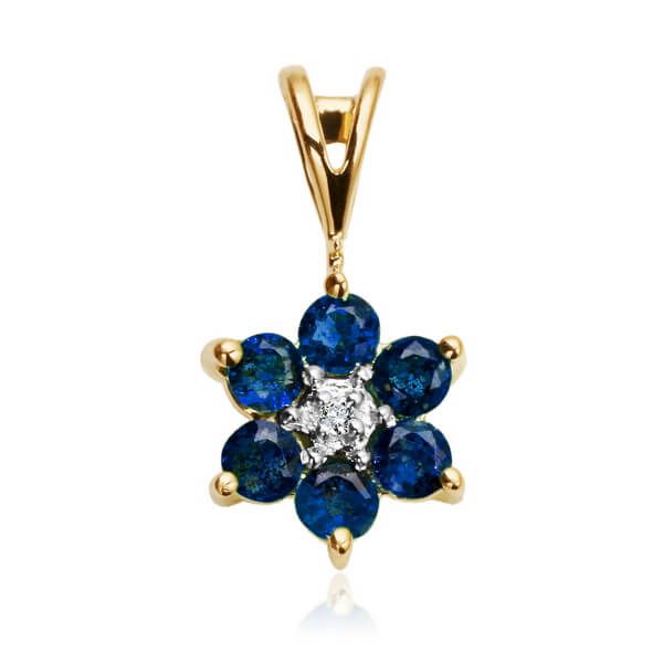 Złoty wisiorek kwiatek - szafiry i brylant