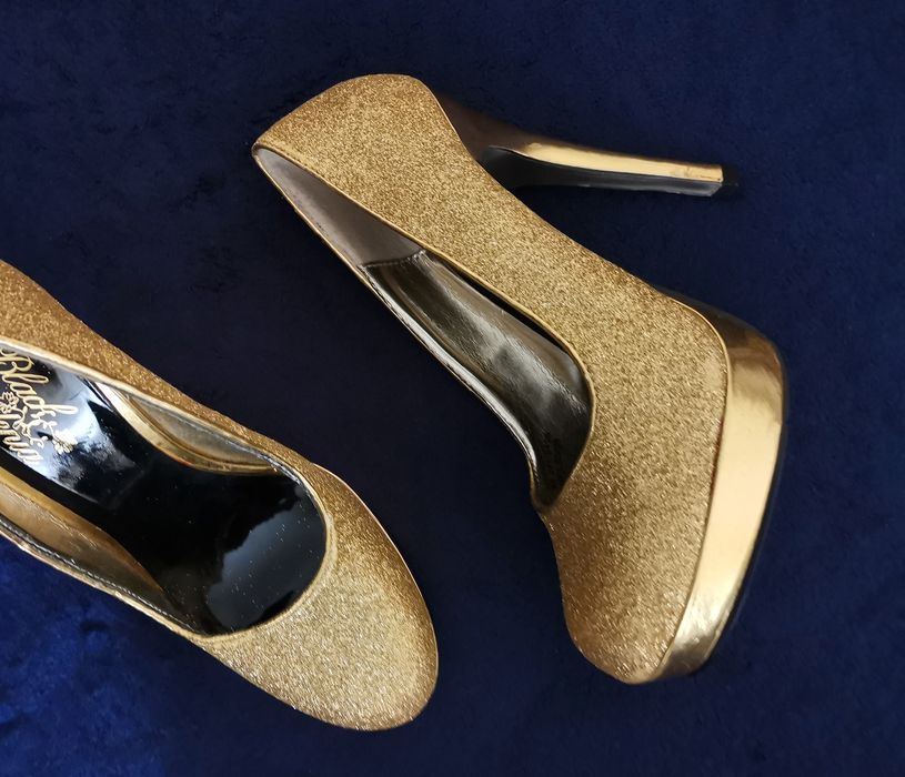 złote brokatowe szpilki na imprezę, 36