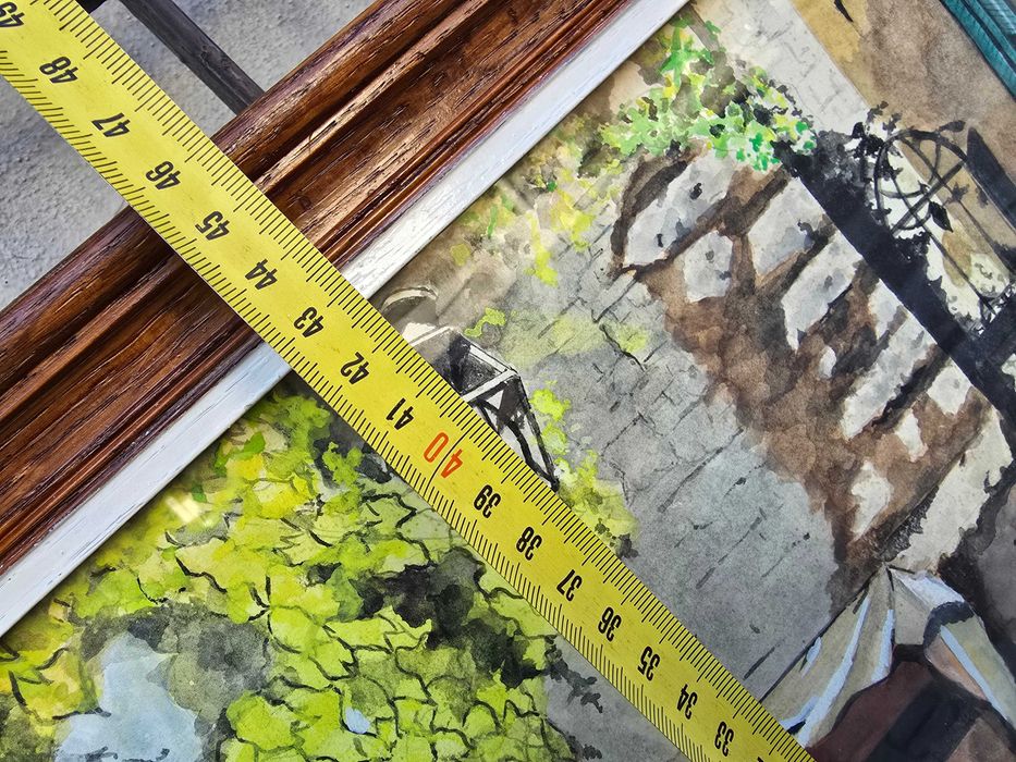 Stary obraz akwarela pejzaż miejski podpisany