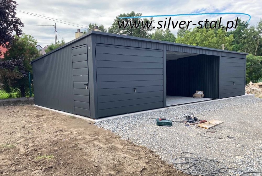 Garaż blaszany 9x5 3x5 wzmocniony profilem zamkniętym silver-stal