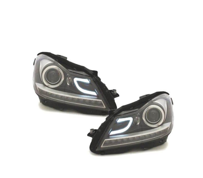 FAROIS FRONTAIS MERCEDES CLASSE C W204 11-14 TUBE LIGHT + LED FUNDO PRETO CROMADO