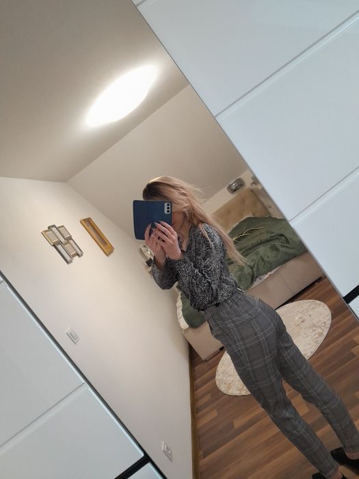 Spodnie w kratkę wysoki stan cygaretki chinosy luźne eleganckie xxs xs