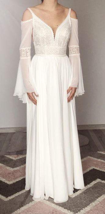 Nowa suknia ślubna Boho zwiewna muślinowy dół odpinane rękawy