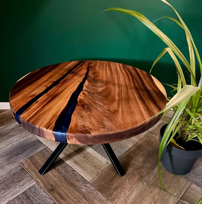 Stolik kawowy suar dąb orzech drewno niebieska żywica loft #106