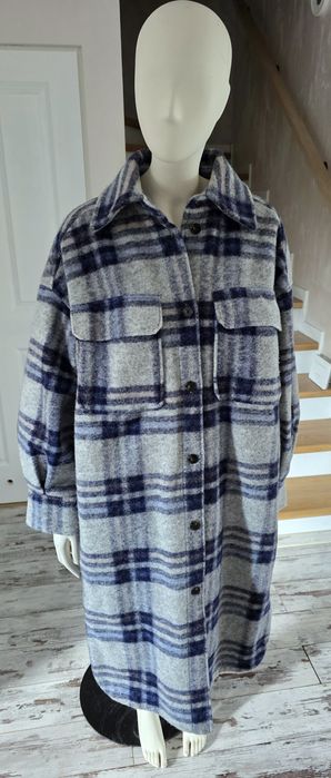 H&M, szaro niebieski płaszcz koszulowy oversize, kocykowy, w kratkę M