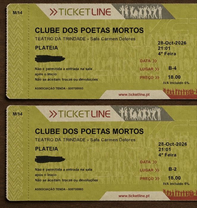 Vendo 2 bilhetes para Clube dos Poetas Mortos - 28 de outubro as 21h