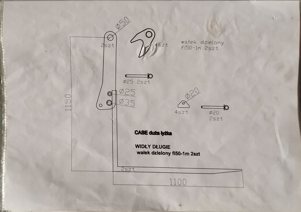 Widły CASE 580SLE, 580K, 590, 695 - Komplet z mocowaniami + Wałek