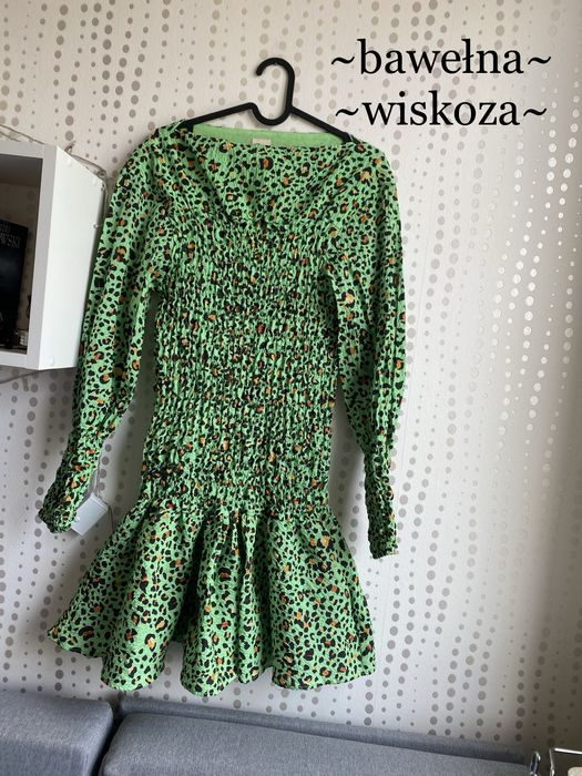 Sukienka letnia krótka dopasowana marszczona H&M panterka roz. S