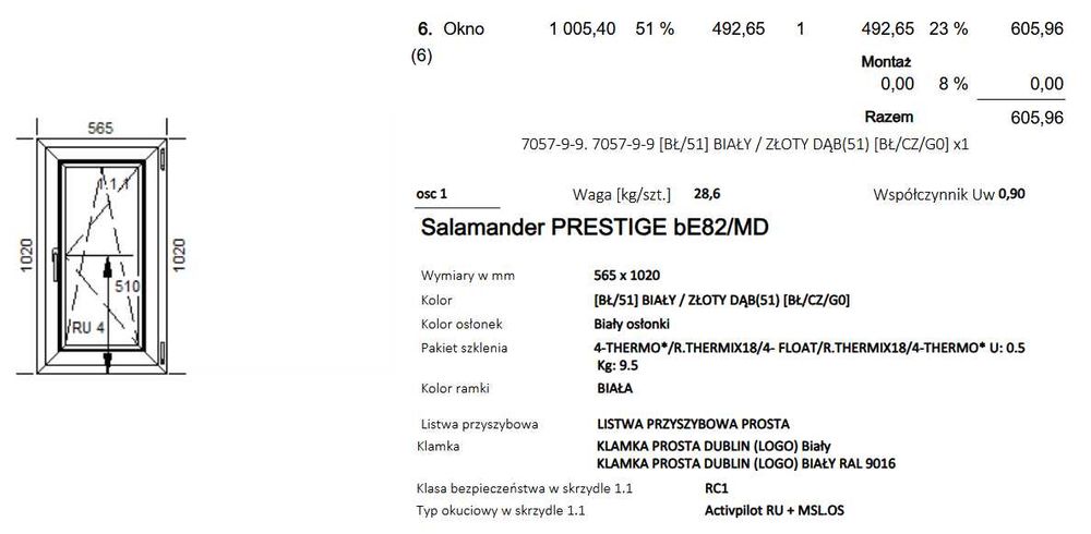 okno 565x1020x biały/złoty dąb #ok516,517
