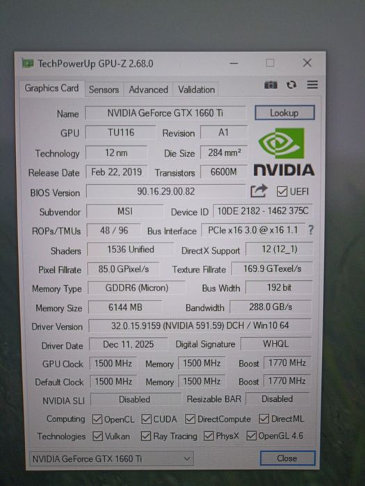NVIDIA GeForce GTX 1660 TI MSI GamingX 6G