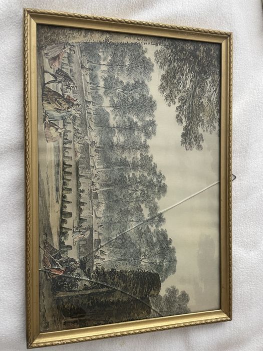 Antyczna rycina – scena historyczna w ogrodzie, rama vintage