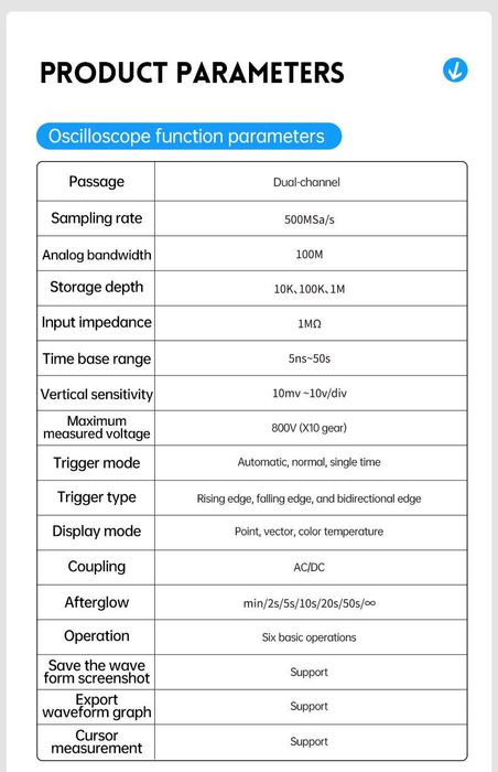 Osciloscópio 2 canais 100Mhz 500MSa/s + multímetro e gerador de sinais