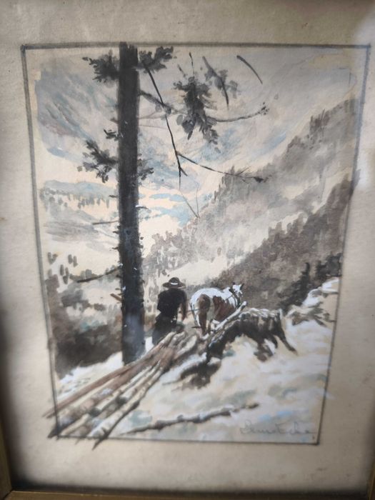 Zwózka drzewa -Motyw tatrzański -Akwarela