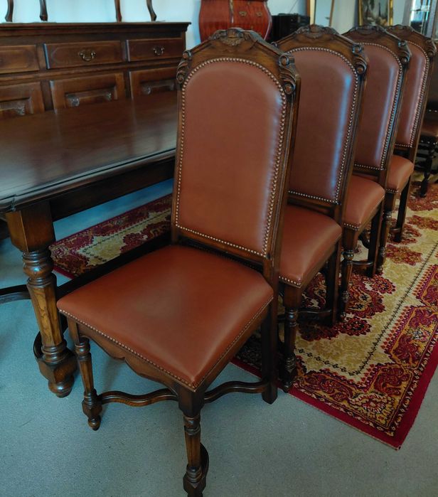 Elegancki dębowy komplet stół + 6 krzeseł skórzana tapicerka
