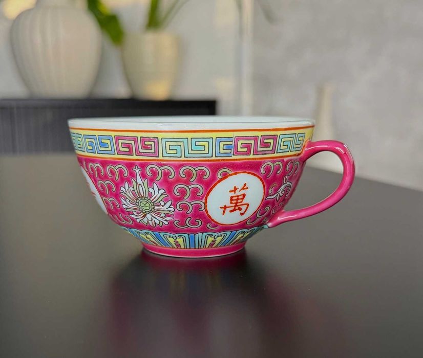 Chińska porcelana różowa Mun Shou (Jingdezhen) PRL - 6 filiżanek + łyżeczka