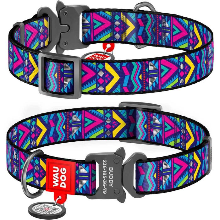 NOVO - Coleira em Nylon WAUDOG com Estampados Exclusivos e Medalha QR – Fecho em Metal ou Plástico