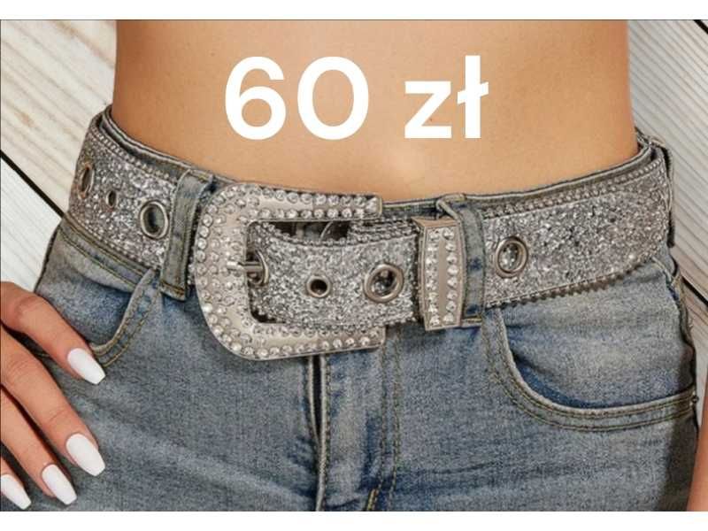 Oszałamiający Pasek damski Szary  błyszczący z cyrkoniami  Skórzany
