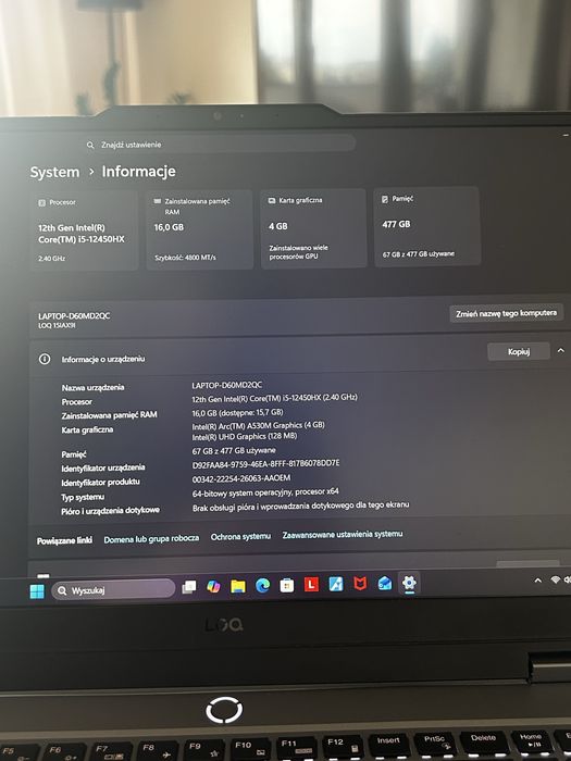Laptop Lenovo LOQ 15.6, i5-12450HX, 16GB RAM, 512GB SSD, ARC A530M, Windows 11 Home