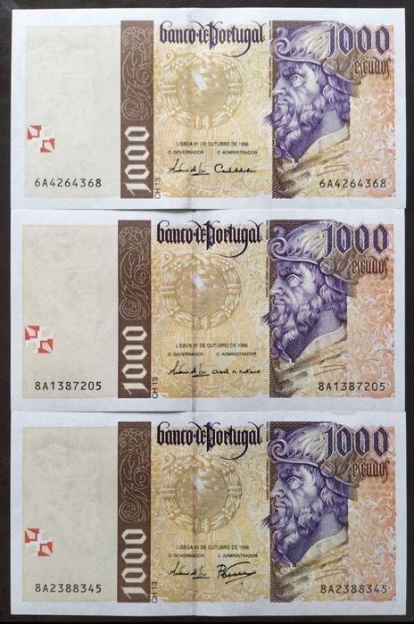 Lote 3 Notas 1000$ Outubro 1996 Pedro Álvares Cabral Estado Novas UNC