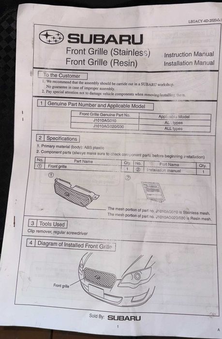 Grill Subaru Legacy IV generacji