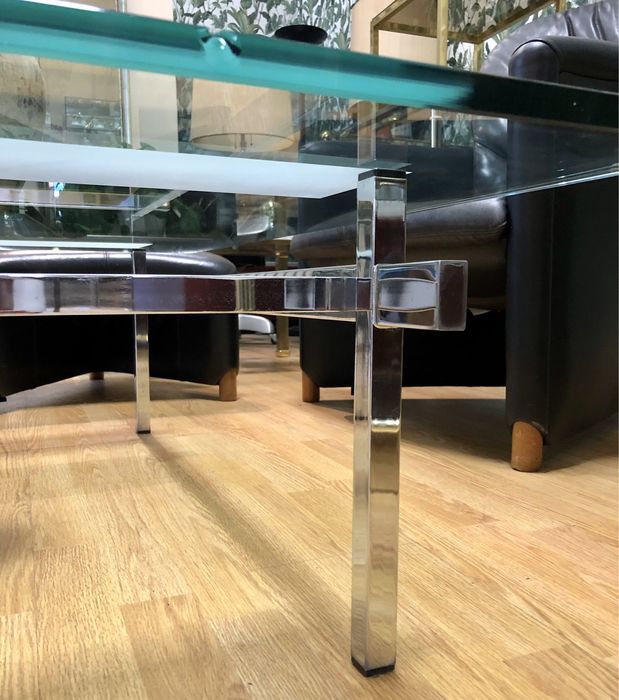 Designerski prostokątny stolik kawowy chrom+szkło