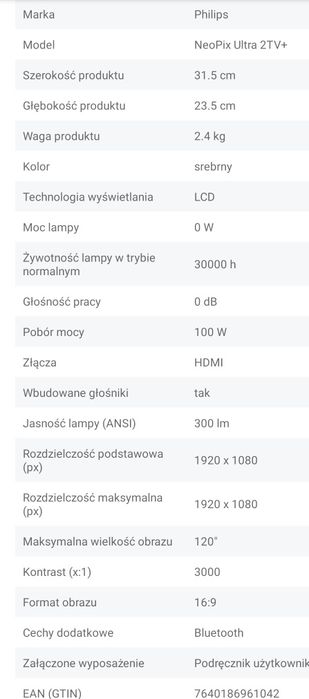 Projektor LCD Philips neopix ultra 2 + gratis stojak