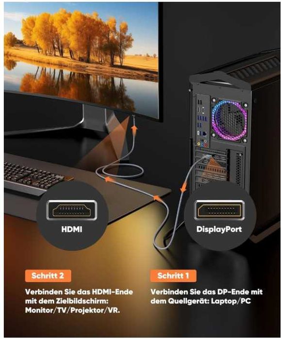 Kabel DisplayPort na Hdmi 1.8m 4K w oplocie Snowkids