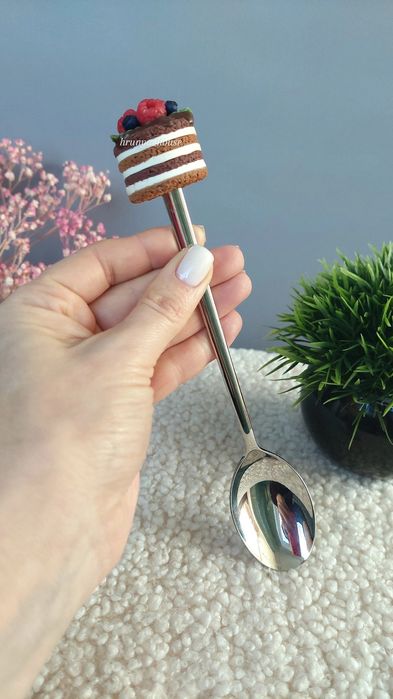Ложка с тортом из полимерной глины, ручная работа,посуда декор