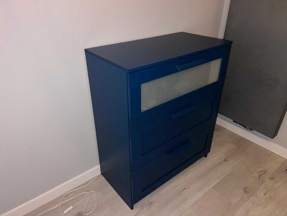 Komoda BRIMNES, 3 szuflady, niebieska/szkło matowe, 78x95x46 cm