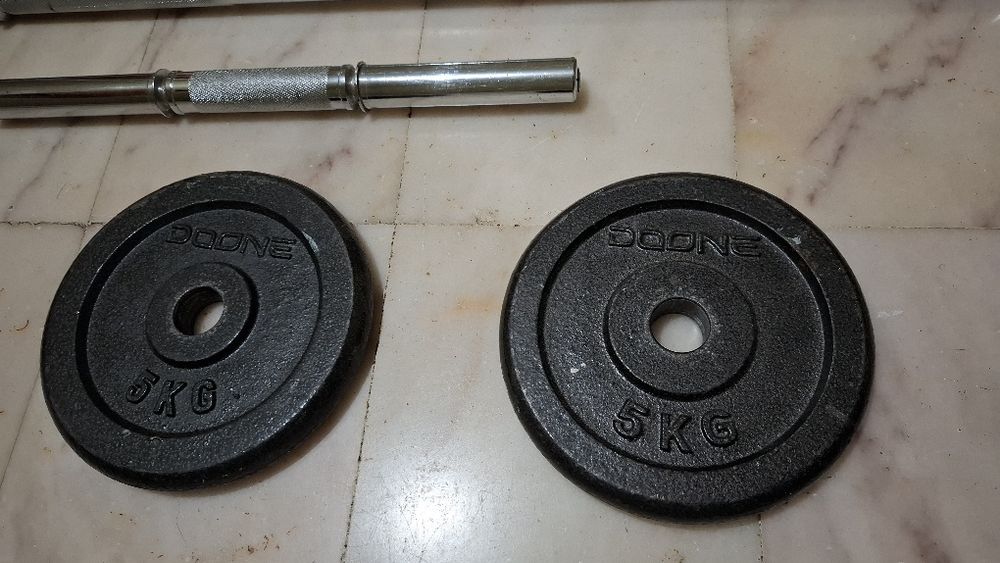 Barra 120cm 30mm 2 discos 5kg e barra harter 45cm 30mm