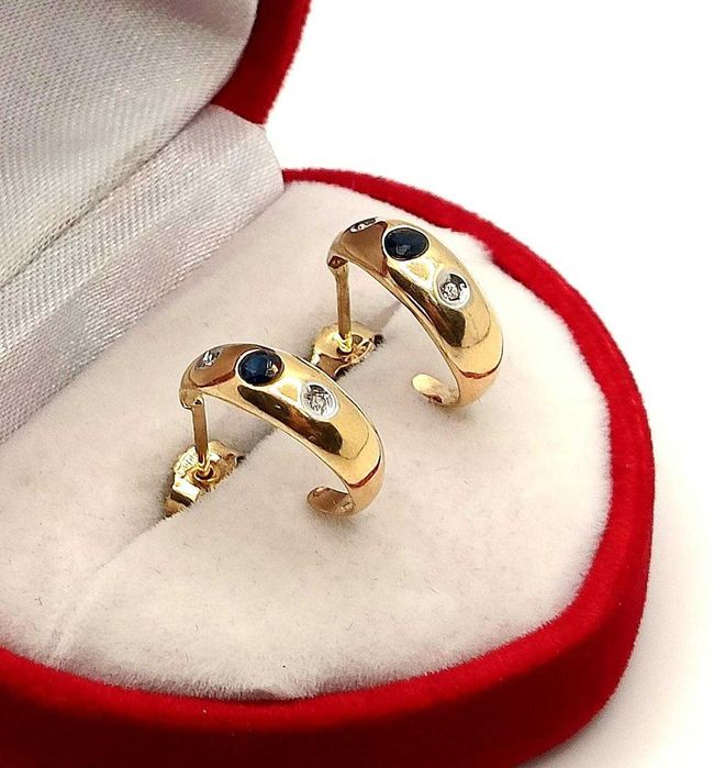Złote kolczyki kółka z Szafirami i diamentami Pr.585 W:2,13gr sztyft