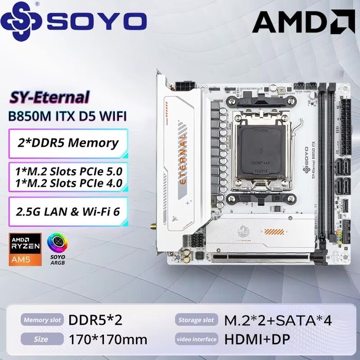 Нова Материнська плата Soyo Eternal B850ITX AM5 Wi-Fi 6