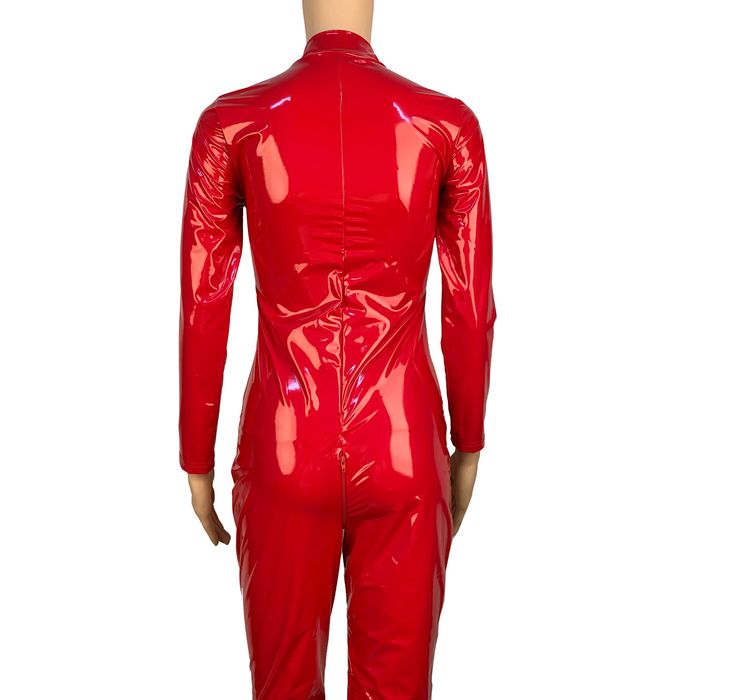 Kombinezon przebranie sylwester catsuit winyl latex czerwony z zamkami