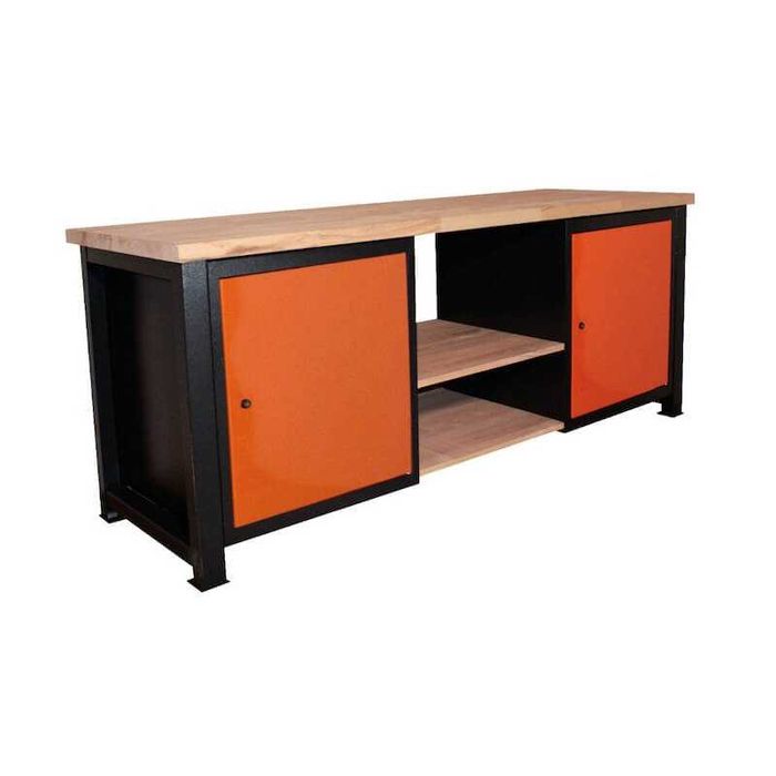 Stół warsztatowy przemysłowy metalowy 210x68x83 cm blat bukowy 2 szafki 2 półki roboczy garażowy P-2115