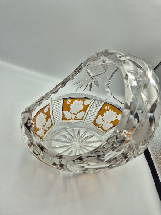 Koszyk kryształowy PRL Bohemia ręcznie szlifowany złocony