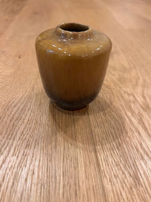 Pękaty wazonik ceramiczny vintage PRL | Brąz / Miód | Szkliwo zaciekowe