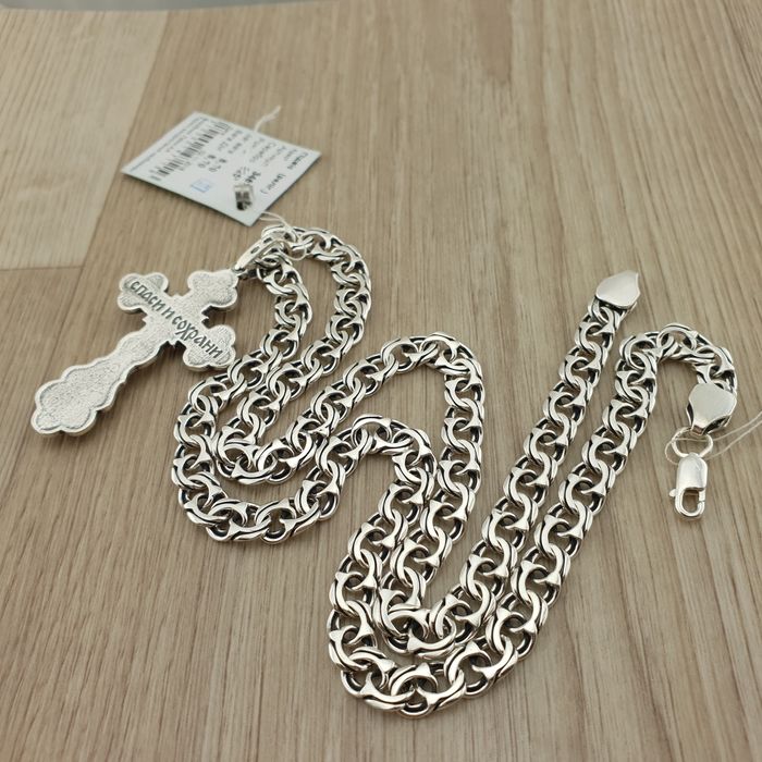 Чоловіча срібна цепочка з хрестиком ланцюжок Бісмарк широкий 925 проба