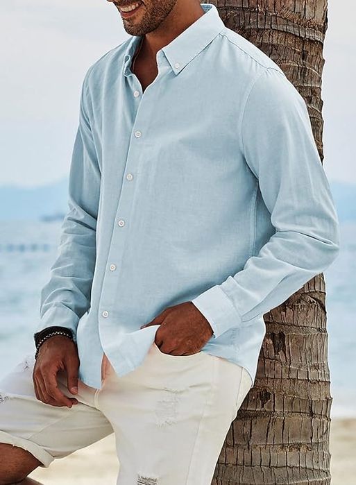 Koszula Męska Lniana z Bawełną Długi Rękaw Błękitna XXL
