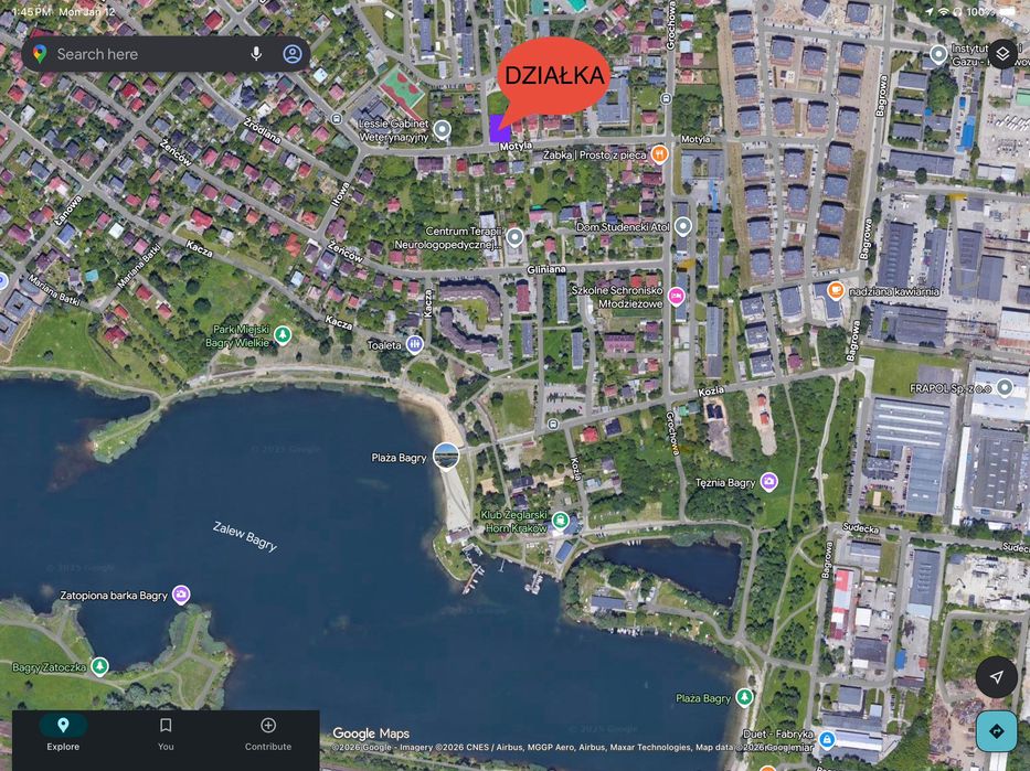 Sprzedam działkę budowlaną (6.9 ar),  Ul. Motyla Zalew Bagry