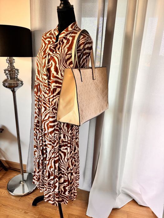 Vestido comprido, novo, padrão Zebra em camel e branco