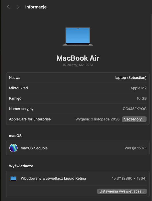 Macbook Air M2 15,3 cala 16GB RAM