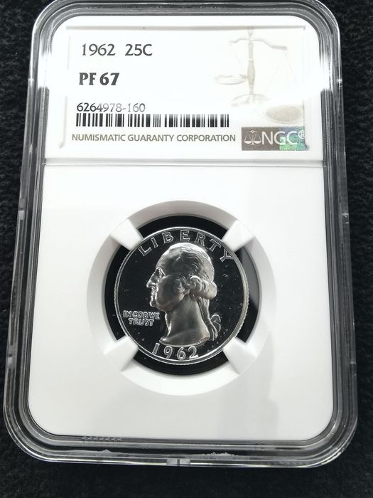 США 25 центів 1962 рік. СРІБЛО. СЛАБ NGS PF67
