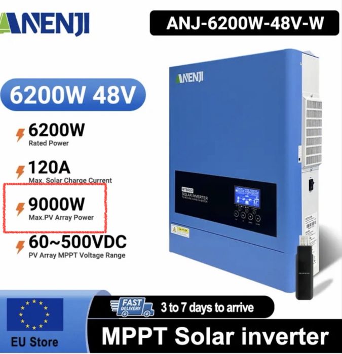 Anenji 2026: Новий модернізований гібридний сонячний інвертор потужністю 6,2 кВт, 48 В, 230 В (мережевий/автономний) з Wi-Fi