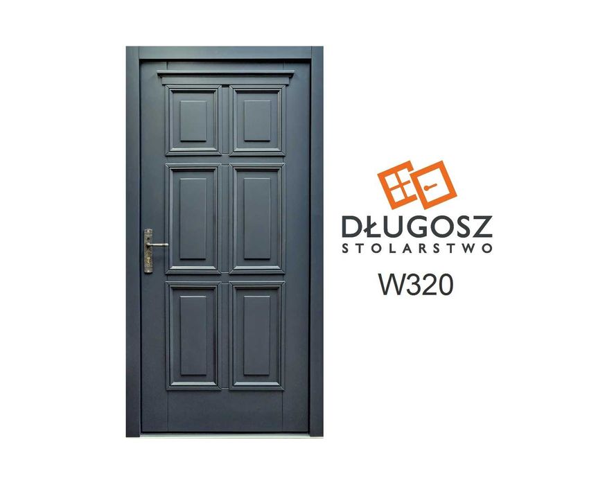 Drzwi DŁUGOSZ zewnętrzne drewniane wejściowe czyste powietrze dotacja szare antracyt RAL7016 GOTOWE